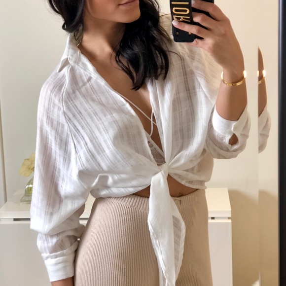 Last ☝🏼• TIE ME UP “White” Relaxed LS Blouse - Picture 5 of 8